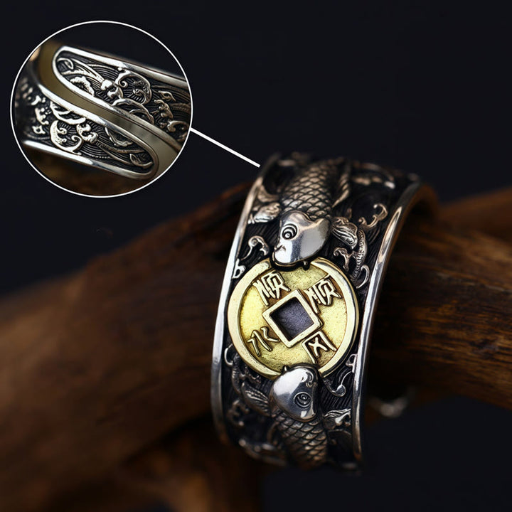 Bague en argent sterling 925 avec Buddha Stones et ouverture réglable, motif poisson koï porte-bonheur, pièce de cuivre, nuages de bon augure