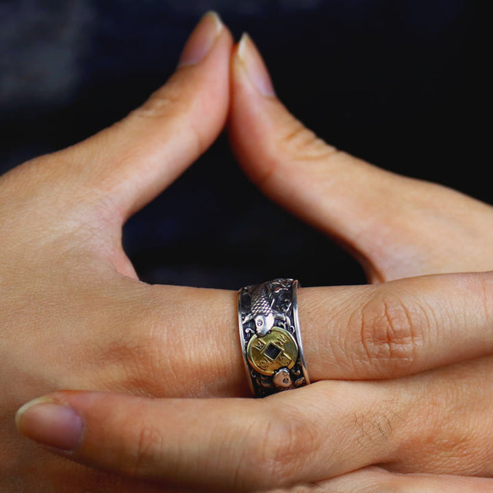 Bague en argent sterling 925 avec Buddha Stones et ouverture réglable, motif poisson koï porte-bonheur, pièce de cuivre, nuages de bon augure