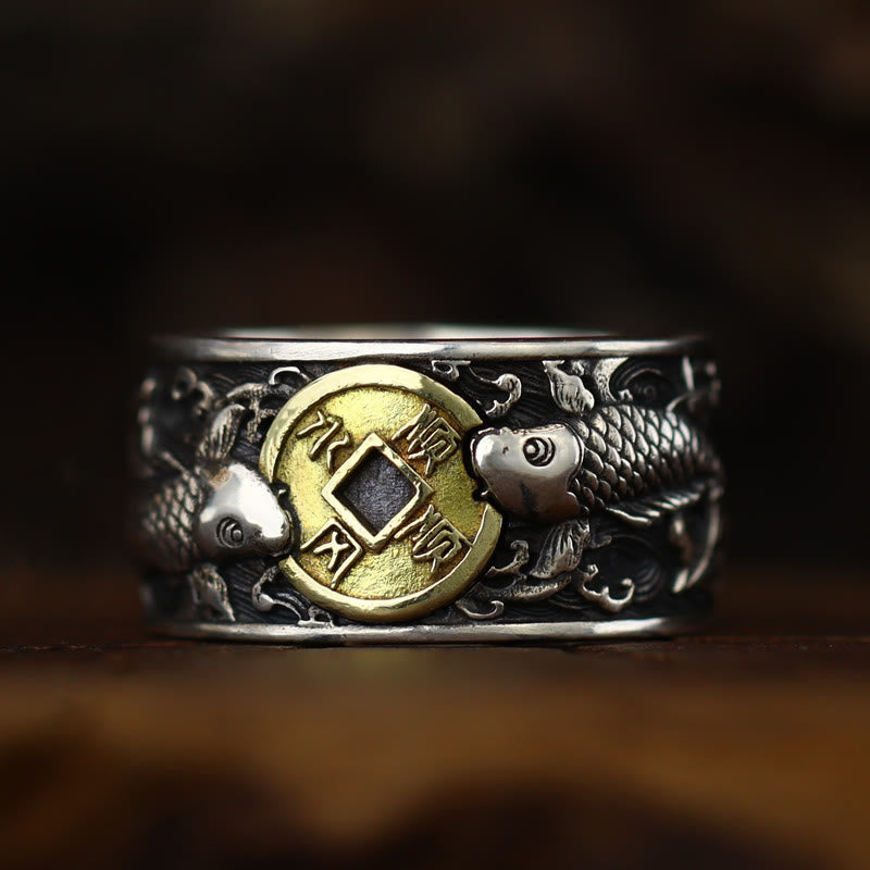 Bague en argent sterling 925 avec Buddha Stones et ouverture réglable, motif poisson koï porte-bonheur, pièce de cuivre, nuages de bon augure