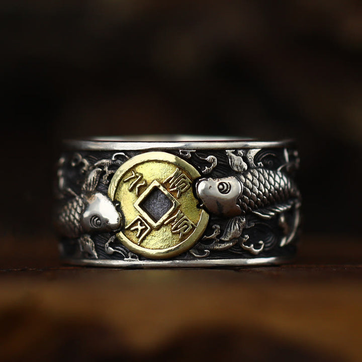 Bague en argent sterling 925 avec Buddha Stones et ouverture réglable, motif poisson koï porte-bonheur, pièce de cuivre, nuages de bon augure