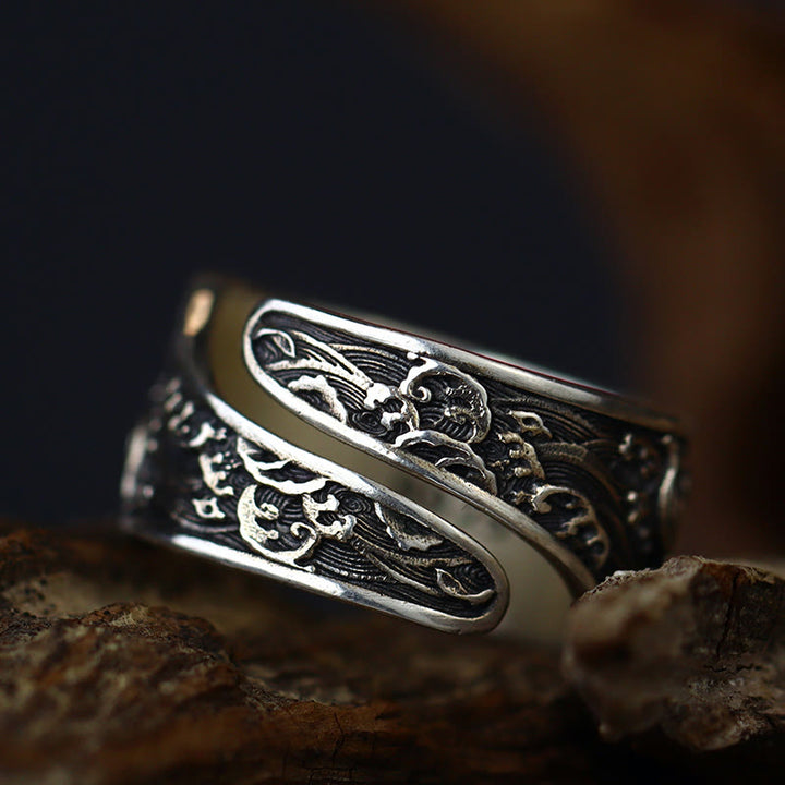 Bague en argent sterling 925 avec Buddha Stones et ouverture réglable, motif poisson koï porte-bonheur, pièce de cuivre, nuages de bon augure