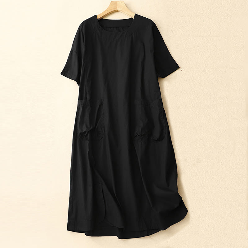 Robe mi-longue d'été à Buddha Stones ras du cou et manches courtes avec poches - Noir - US8-10，UK/AU12-14，EU40-42 (2XL) - image 7