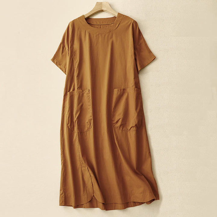 Robe mi-longue d'été à Buddha Stones ras du cou et manches courtes avec poches - Chocolat - US8-10，UK/AU12-14，EU40-42 (2XL) - image 0