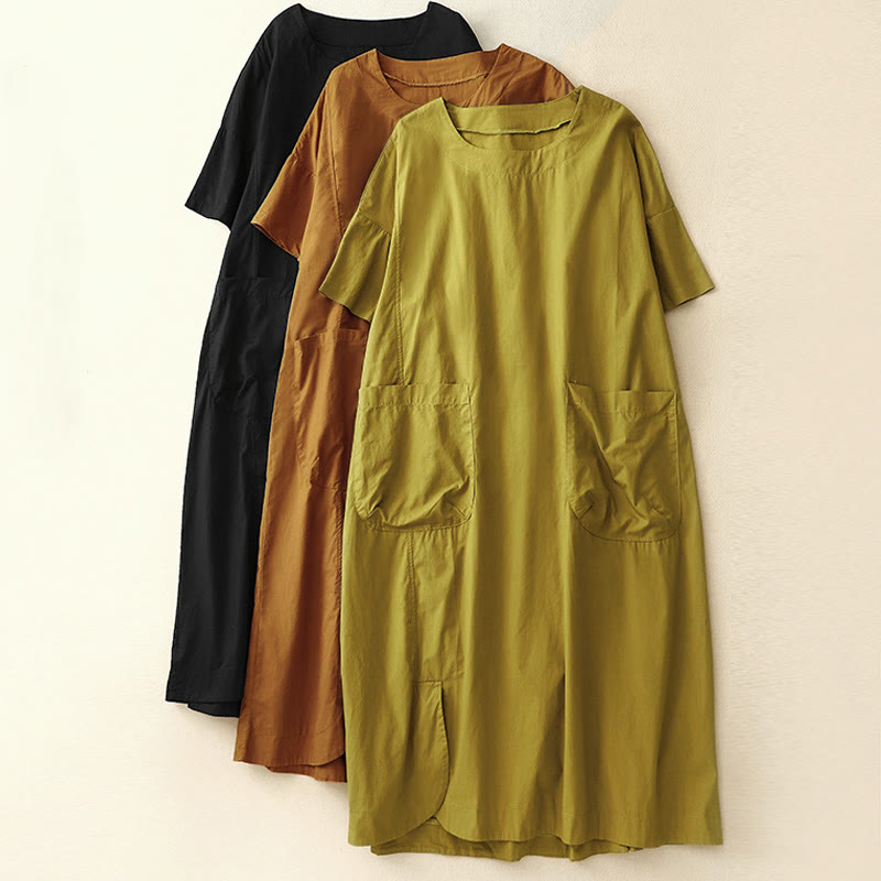 Robe mi-longue d'été à Buddha Stones ras du cou et manches courtes avec poches - image 25