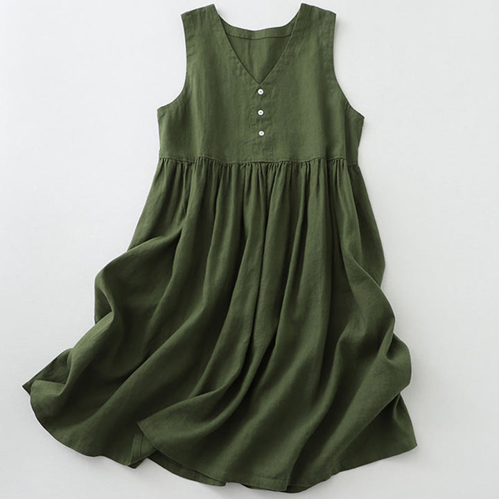 Robe mi-longue décontractée sans manches à col en V et boutons simples, couleur pure, motif Buddha Stones