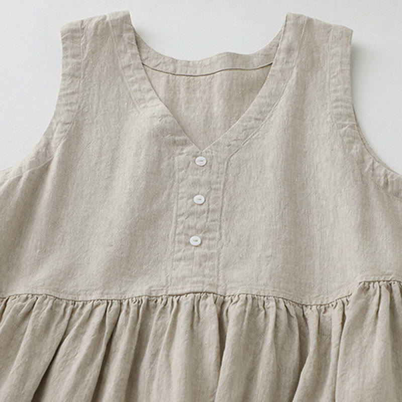 Robe midi sans manches Buddha Stones, couleur unie, col en V, boutons simples, style décontracté. - image 2