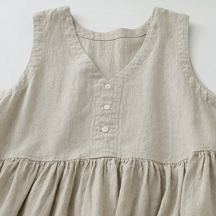 Robe midi sans manches Buddha Stones, couleur unie, col en V, boutons simples, style décontracté. - image 2