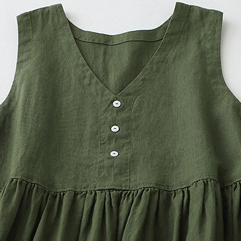 Robe midi sans manches Buddha Stones, couleur unie, col en V, boutons simples, style décontracté. - image 11