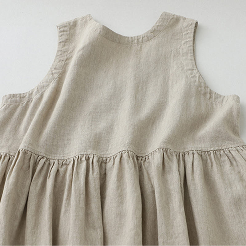 Robe midi sans manches Buddha Stones, couleur unie, col en V, boutons simples, style décontracté. - image 3
