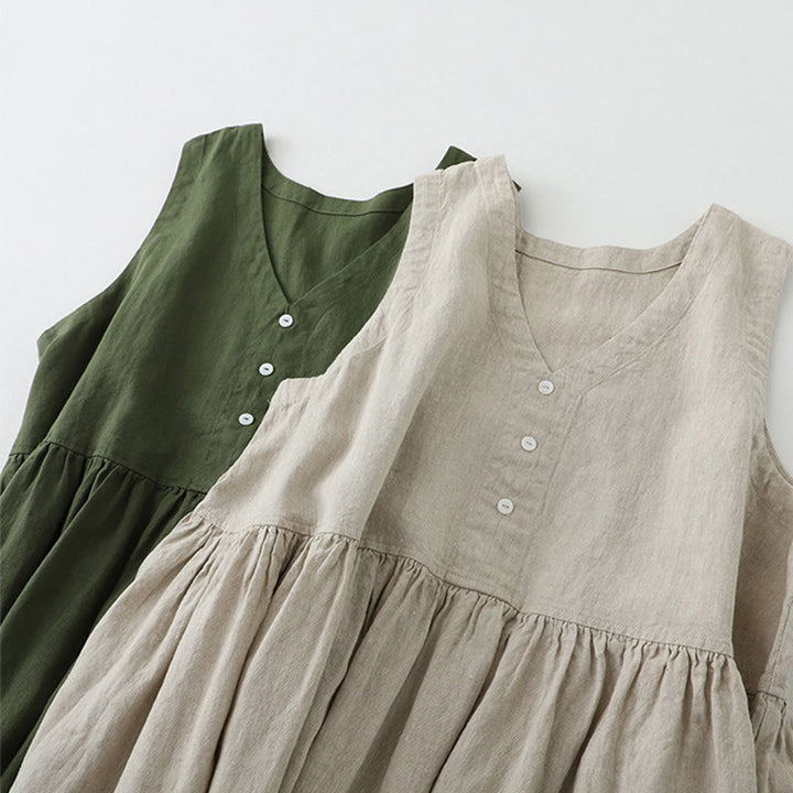 Robe midi sans manches Buddha Stones, couleur unie, col en V, boutons simples, style décontracté. - image 18