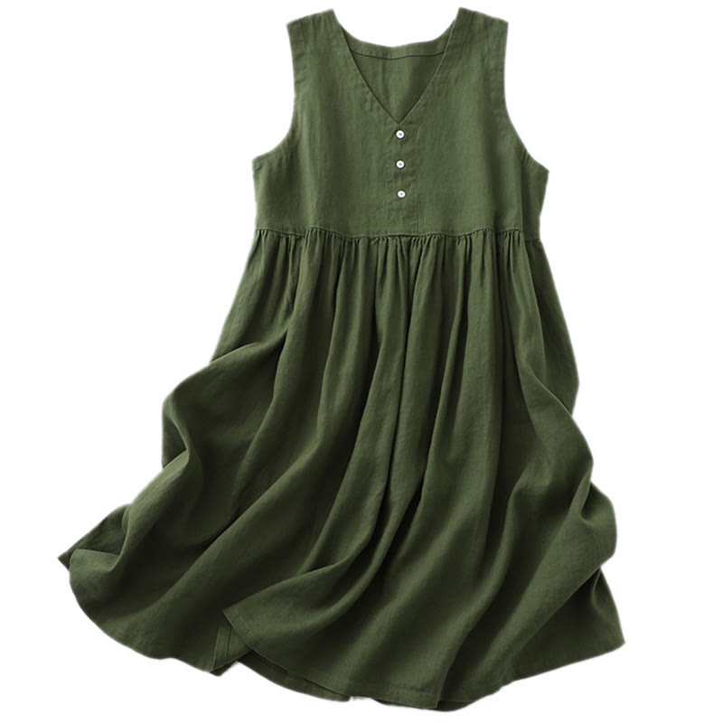 Robe mi-longue décontractée sans manches à col en V et boutons simples, couleur pure, motif Buddha Stones