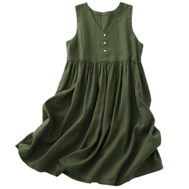 Robe mi-longue décontractée sans manches à col en V et boutons simples, couleur pure, motif Buddha Stones