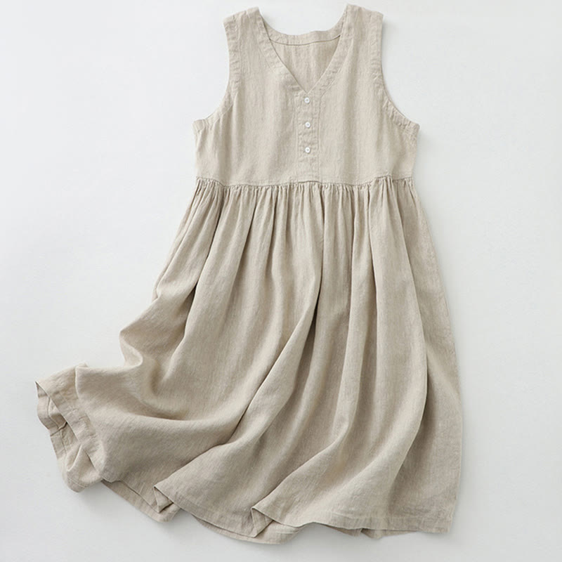 Robe midi sans manches Buddha Stones, couleur unie, col en V, boutons simples, style décontracté. - Lin - US12，UK/AU16，EU44 (2XL) - image 0