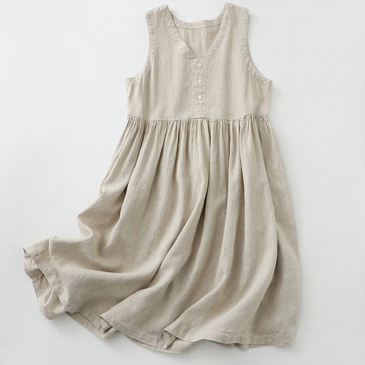 Robe midi sans manches Buddha Stones, couleur unie, col en V, boutons simples, style décontracté. - Lin - US12，UK/AU16，EU44 (2XL) - image 0