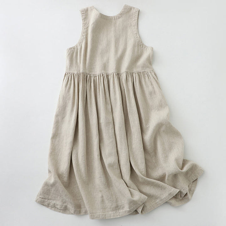 Robe midi sans manches Buddha Stones, couleur unie, col en V, boutons simples, style décontracté. - image 1