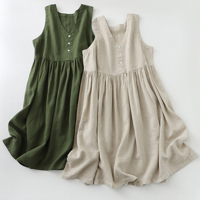 Robe midi sans manches Buddha Stones, couleur unie, col en V, boutons simples, style décontracté. - image 17