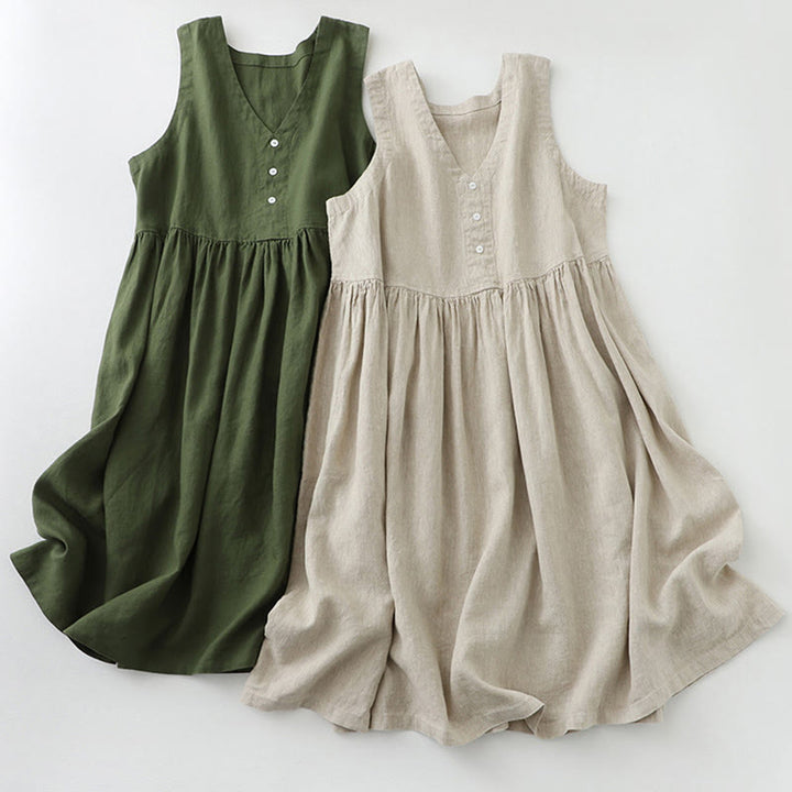 Robe midi sans manches Buddha Stones, couleur unie, col en V, boutons simples, style décontracté. - image 17