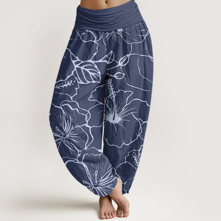 Pantalon harem à taille élastique pour femme, en coton avec motif de fleurs de liseron et de Buddha Stones - SteelBlue - US22，UK/AU26，EU54 (6XL) - image 0