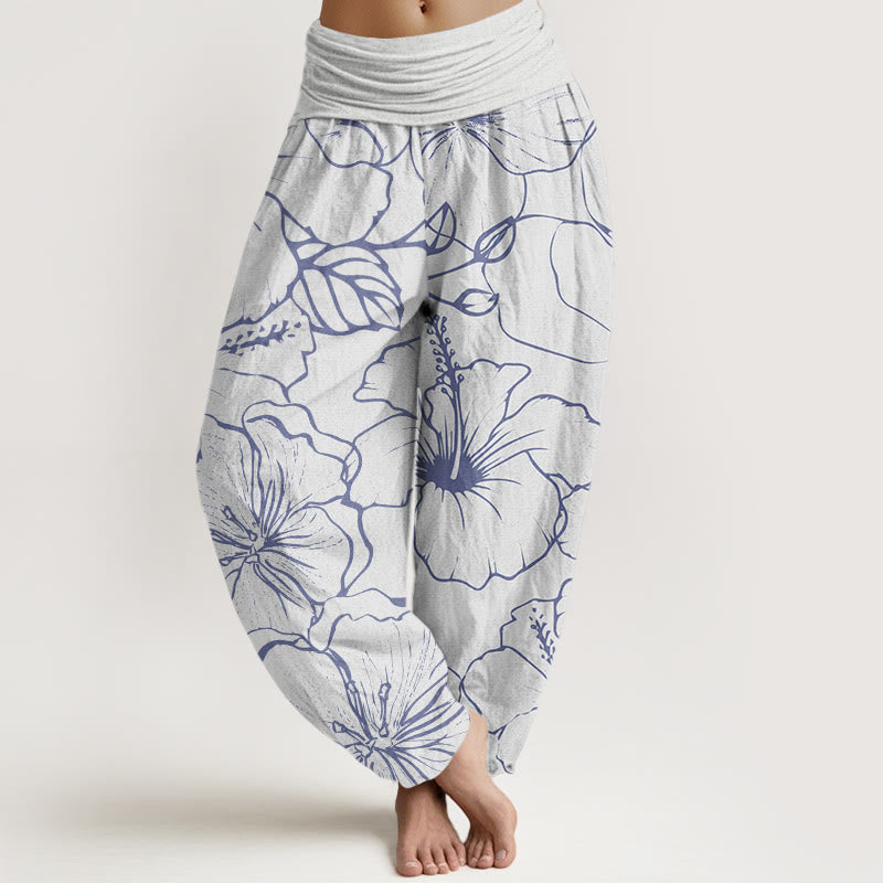 Pantalon harem à taille élastique pour femme, en coton avec motif de fleurs de liseron et de Buddha Stones - Neige - US22，UK/AU26，EU54 (6XL) - image 4