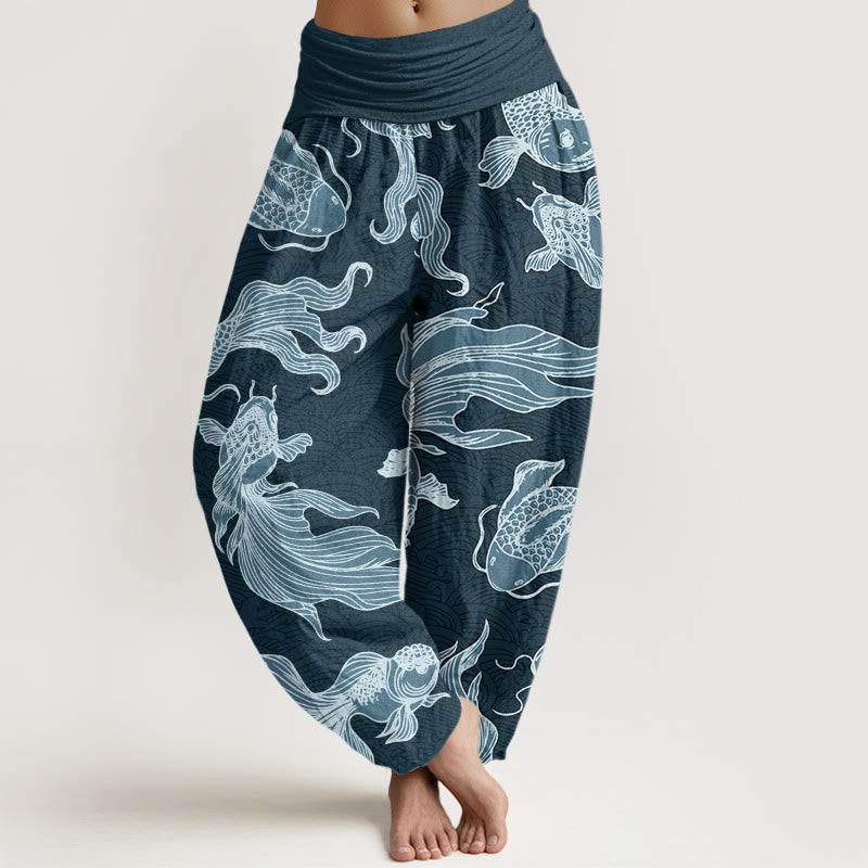 Pantalon sarouel à taille élastique pour femme, motif vagues de poissons koï et pierres de Buddha Stones - CadetBlue - US22，UK/AU26，EU54 (6XL) - image 1
