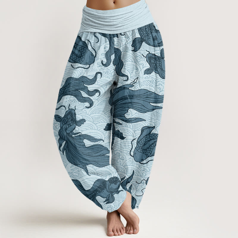 Pantalon sarouel à taille élastique pour femme, motif vagues de poissons koï et pierres de Buddha Stones - Turquoise pâle - US22，UK/AU26，EU54 (6XL) - image 5