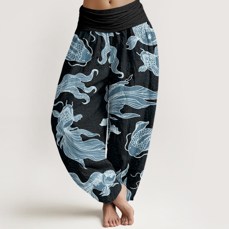 Pantalon sarouel à taille élastique pour femme, motif vagues de poissons koï et pierres de Buddha Stones - Noir - US22，UK/AU26，EU54 (6XL) - image 8