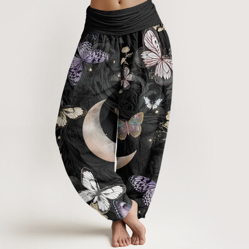 Pantalon sarouel à taille élastique pour femme, motif Buddha Stones, papillons, fleurs, croissant de lune - Noir - US22，UK/AU26，EU54 (6XL) - image 1