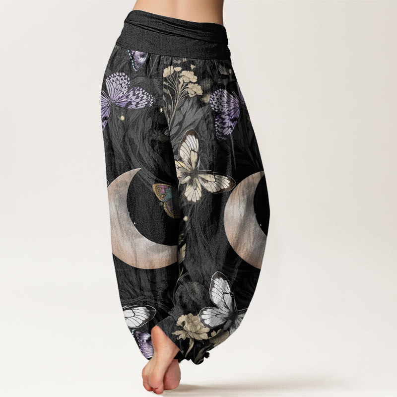 Pantalon harem à taille élastique pour femme, orné de Buddha Stones, de papillons, de fleurs et d'un motif croissant de lune en coton. - image 1