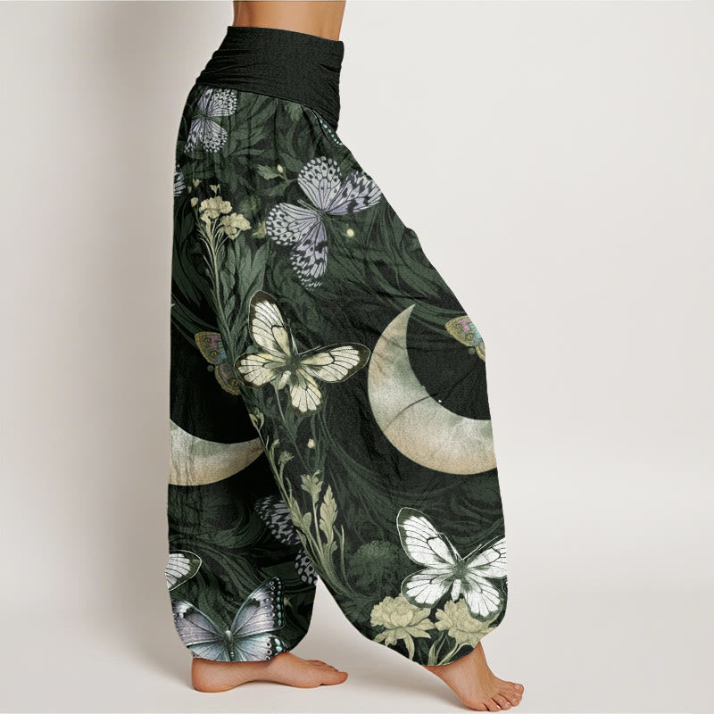 Pantalon harem à taille élastique pour femme, orné de Buddha Stones, de papillons, de fleurs et d'un motif croissant de lune en coton. - image 6
