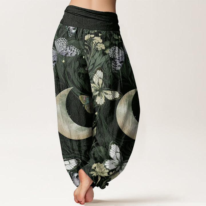 Pantalon harem à taille élastique pour femme, orné de Buddha Stones, de papillons, de fleurs et d'un motif croissant de lune en coton. - image 5