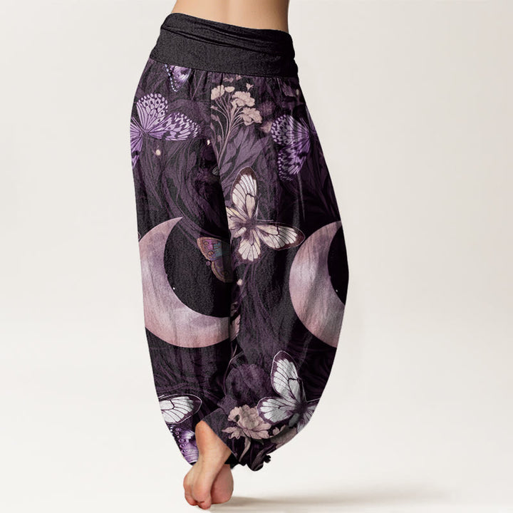 Pantalon harem à taille élastique pour femme, orné de Buddha Stones, de papillons, de fleurs et d'un motif croissant de lune en coton. - image 8