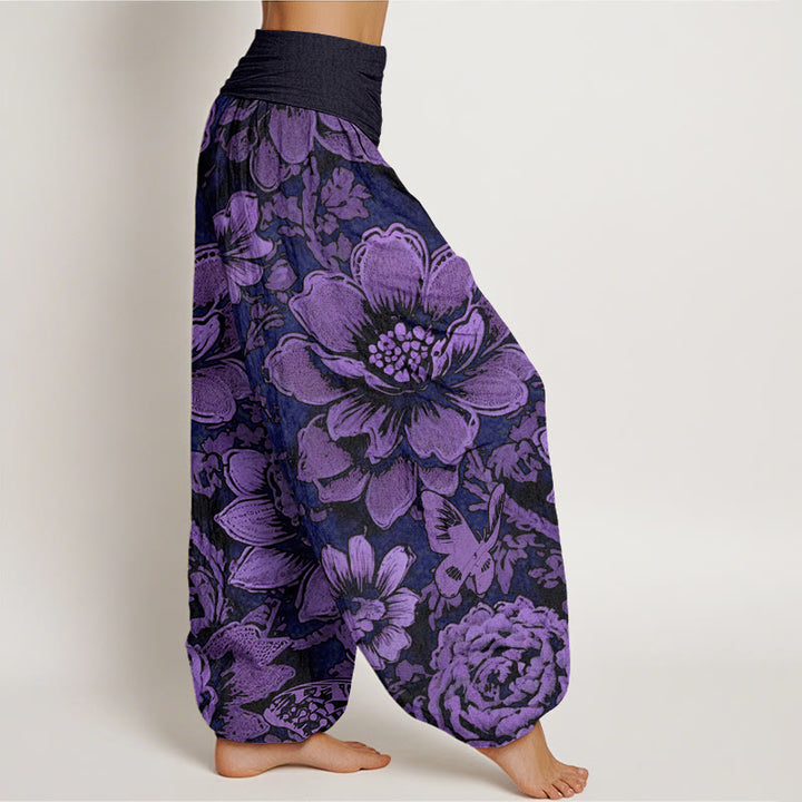 Pantalon harem à taille élastique pour femme, en coton, avec motif de pivoines et papillons et pierres de Buddha Stones - image 2