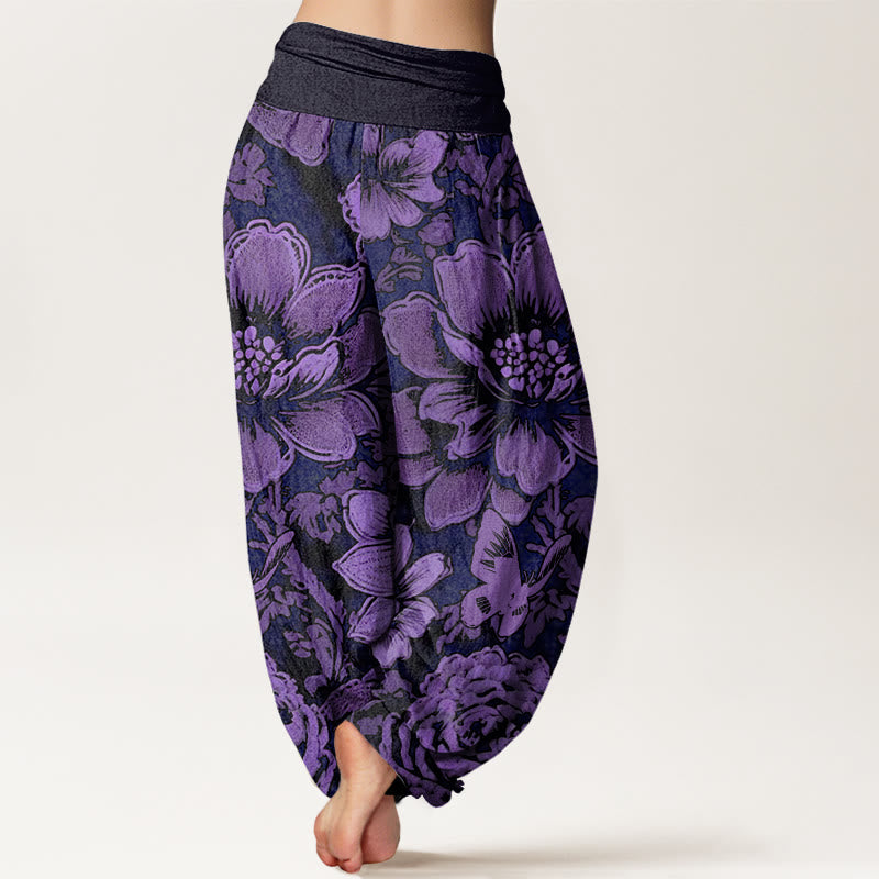 Pantalon sarouel à taille élastique pour femme, motif fleurs de pivoine et papillons, Buddha Stones - image 1