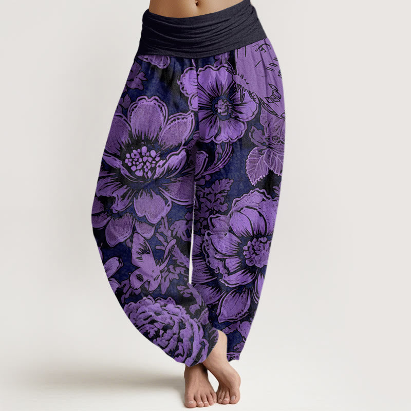 Pantalon sarouel à taille élastique pour femme, motif fleurs de pivoine et papillons, Buddha Stones - Violet - US22，UK/AU26，EU54 (6XL) - image 0