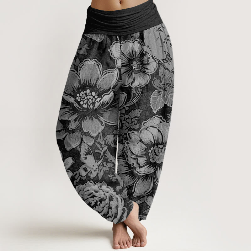 Pantalon harem à taille élastique pour femme, en coton, avec motif de pivoines et papillons et pierres de Buddha Stones - Noir - US22，UK/AU26，EU54 (6XL) - image 4