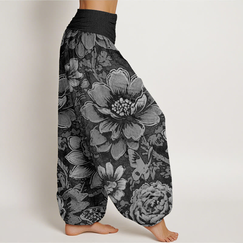 Pantalon sarouel à taille élastique pour femme, motif fleurs de pivoine et papillons, Buddha Stones - image 7