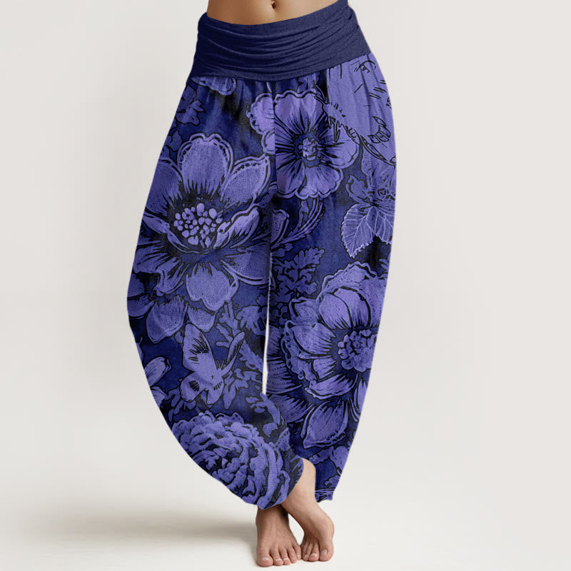 Pantalon sarouel à taille élastique pour femme, motif fleurs de pivoine et papillons, Buddha Stones - Violette sombre - US22，UK/AU26，EU54 (6XL) - image 7