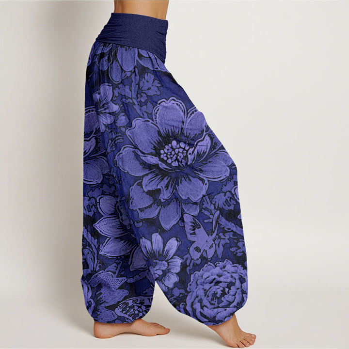 Pantalon harem à taille élastique pour femme, en coton, avec motif de pivoines et papillons et pierres de Buddha Stones - image 9