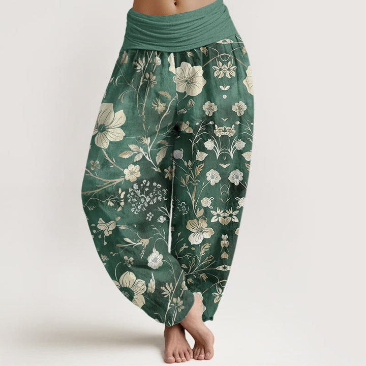 Pantalon sarouel à taille élastique pour femme, motif fleurs blanches et vignes sinueuses, motif Buddha Stones - Aigue-marine moyenne - US22，UK/AU26，EU54 (6XL) - image 1