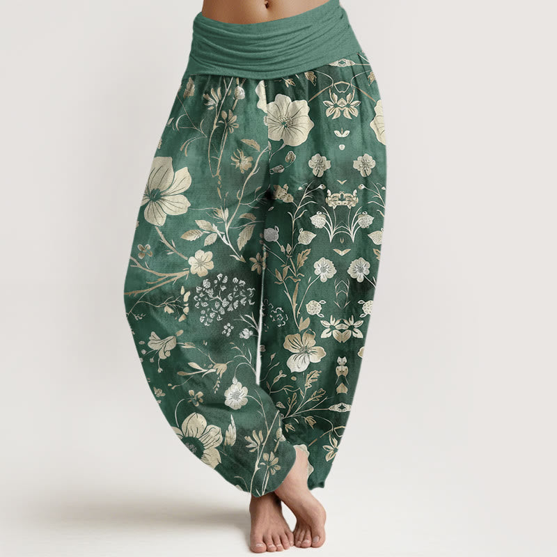 Pantalon harem à taille élastique pour femme, orné de Buddha Stones , de fleurs blanches et de lianes sinueuses en coton. - Aigue-marine moyenne - US22，UK/AU26，EU54 (6XL) - image 0
