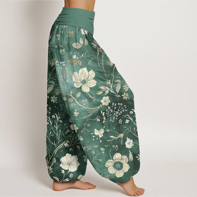 Pantalon sarouel à taille élastique pour femme, motif fleurs blanches et vignes sinueuses, motif Buddha Stones - image 2