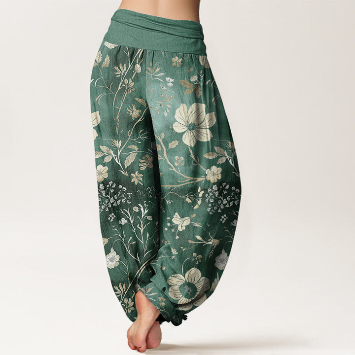 Pantalon sarouel à taille élastique pour femme, motif fleurs blanches et vignes sinueuses, motif Buddha Stones - image 1