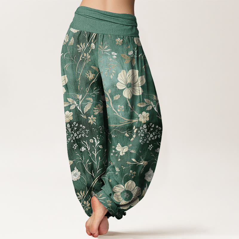 Pantalon harem à taille élastique pour femme, orné de Buddha Stones , de fleurs blanches et de lianes sinueuses en coton. - image 1