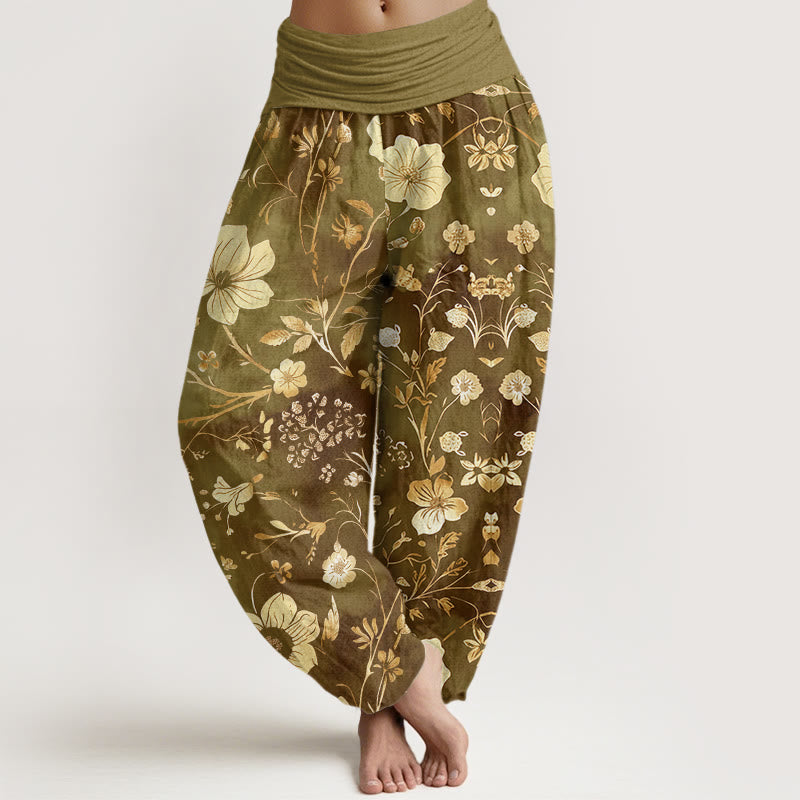 Pantalon sarouel à taille élastique pour femme, motif fleurs blanches et vignes sinueuses, motif Buddha Stones - Kaki foncé - US22，UK/AU26，EU54 (6XL) - image 4