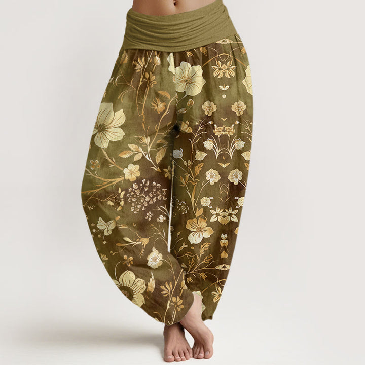 Pantalon sarouel à taille élastique pour femme, motif fleurs blanches et vignes sinueuses, motif Buddha Stones - Kaki foncé - US22，UK/AU26，EU54 (6XL) - image 4