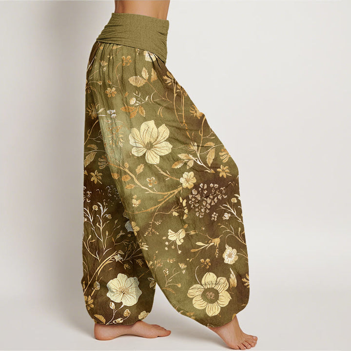 Pantalon harem à taille élastique pour femme, orné de Buddha Stones , de fleurs blanches et de lianes sinueuses en coton. - image 6