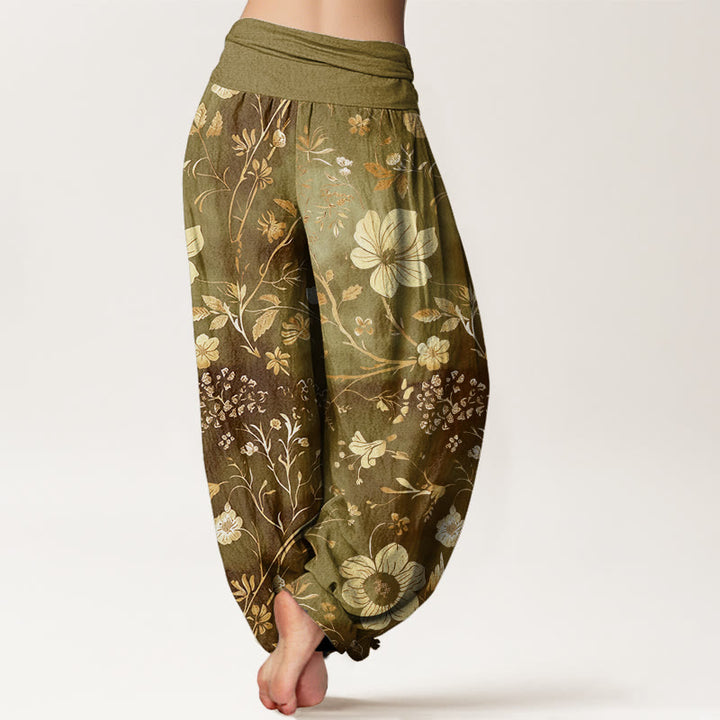 Pantalon sarouel à taille élastique pour femme, motif fleurs blanches et vignes sinueuses, motif Buddha Stones - image 6