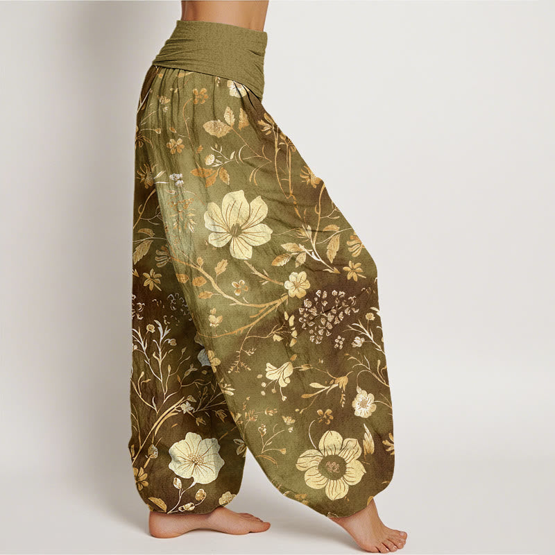 Pantalon sarouel à taille élastique pour femme, motif fleurs blanches et vignes sinueuses, motif Buddha Stones - image 7