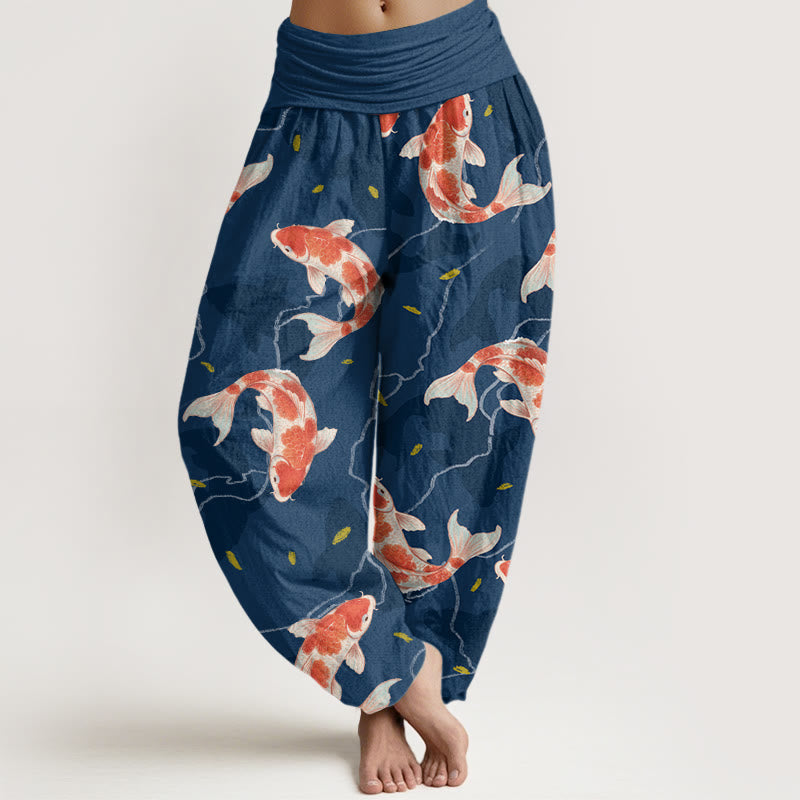 Pantalon sarouel à taille élastique pour femme, motif poisson koï rouge et blanc, Buddha Stones - Bleu acier - US22，UK/AU26，EU54 (6XL) - image 1