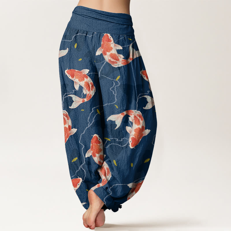Pantalon harem à taille élastique pour femme, en coton rouge et blanc à motif de carpes koï et Buddha Stones - image 1